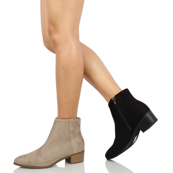 Clay Faux Suede Pointy Toe Low Stacked Heel Ankle Bootie - Picture 6 of 6